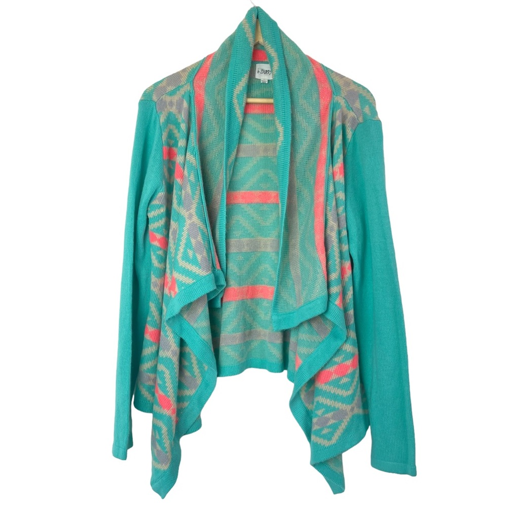 Aztec Tribal Print Mohair Blend Open Front Waterfall Knit Cardigan Sweater Large